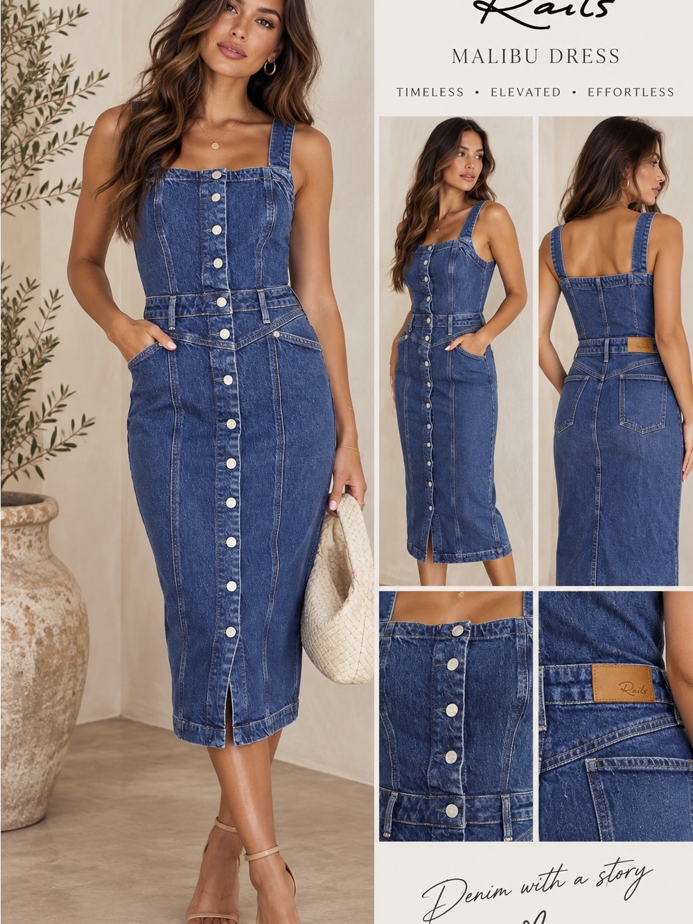 Rails Malibu Denim Midi Dress NWT Mazarine Blue Button Front Square Neck L